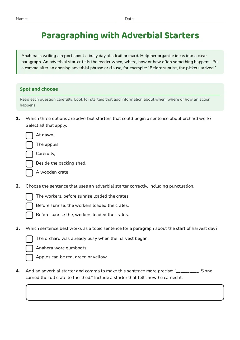 Paragraphing with Adverbial Starters, page 1 of 3: Spot and choose
