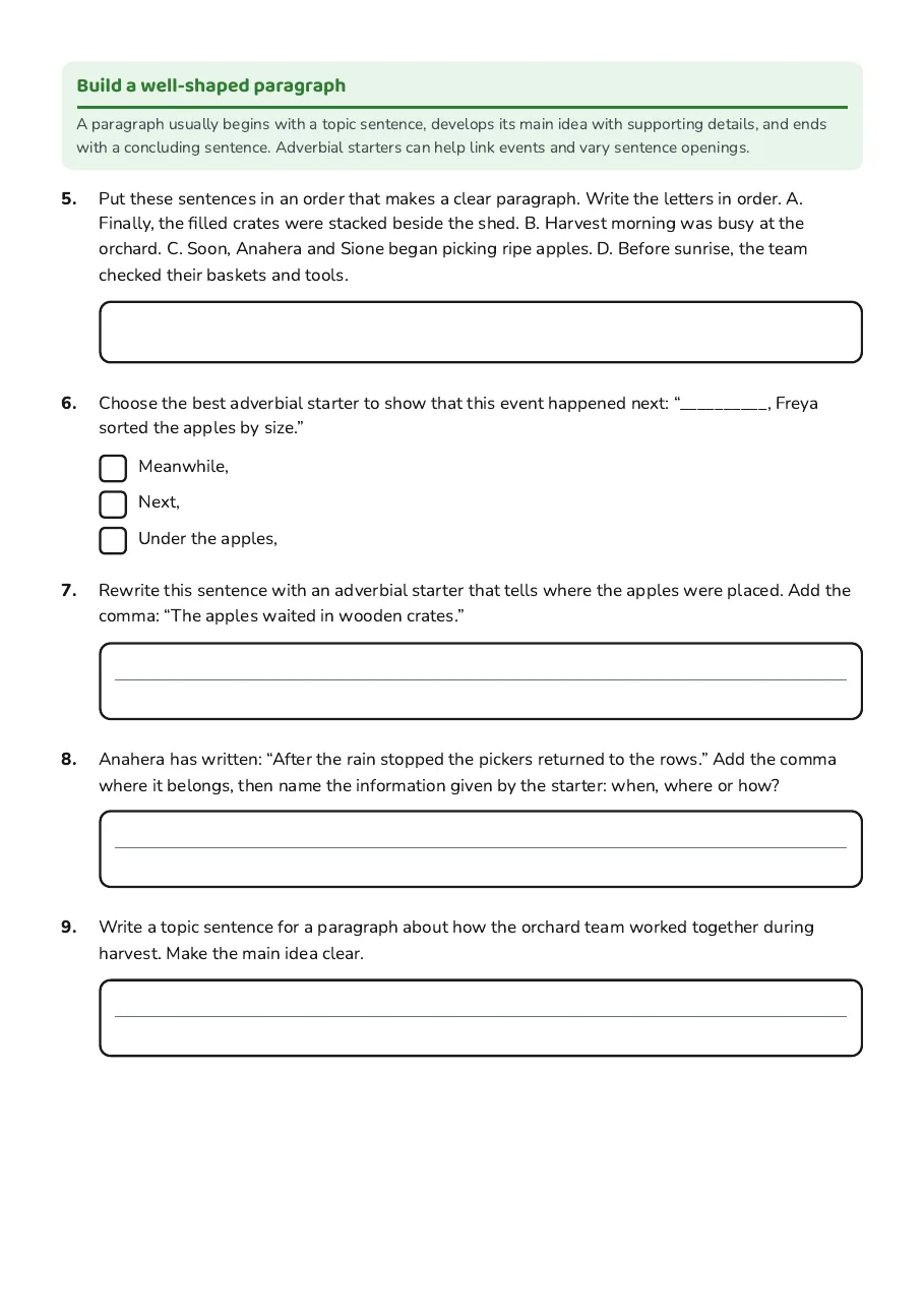 Paragraphing with Adverbial Starters, page 2 of 3: Build a well-shaped paragraph