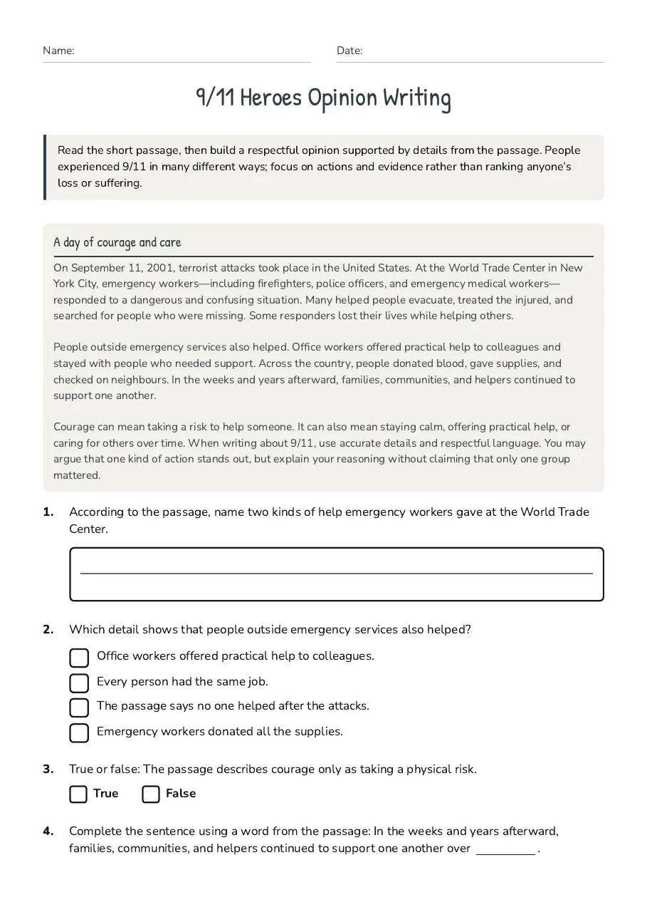 9/11 Heroes Opinion Writing, page 1 of 3: A day of courage and care