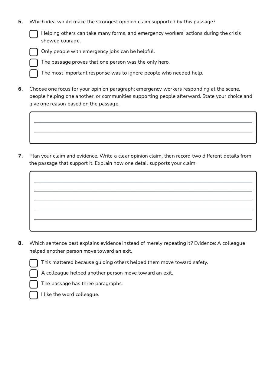 9/11 Heroes Opinion Writing, page 2 of 3: 5. Which idea would make the strongest opinion claim supported by this passage?