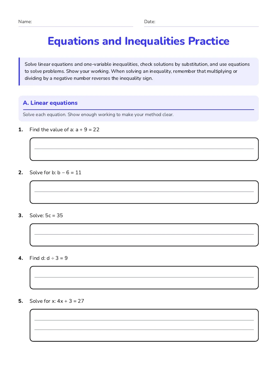 Equations and Inequalities Practice, page 1 of 5: A. Linear equations