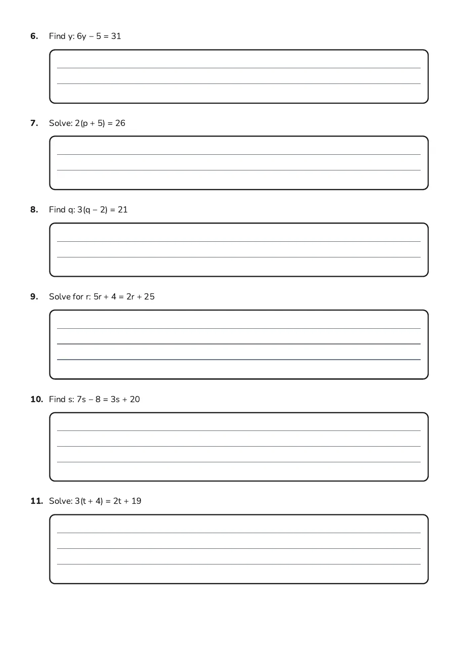 Equations and Inequalities Practice, page 2 of 5: 6. Find y: 6y − 5 = 31