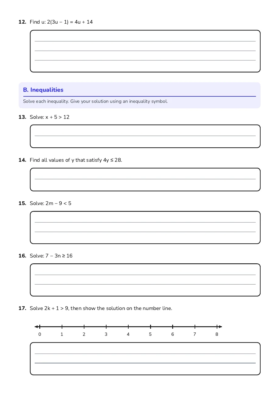 Equations and Inequalities Practice, page 3 of 5: B. Inequalities