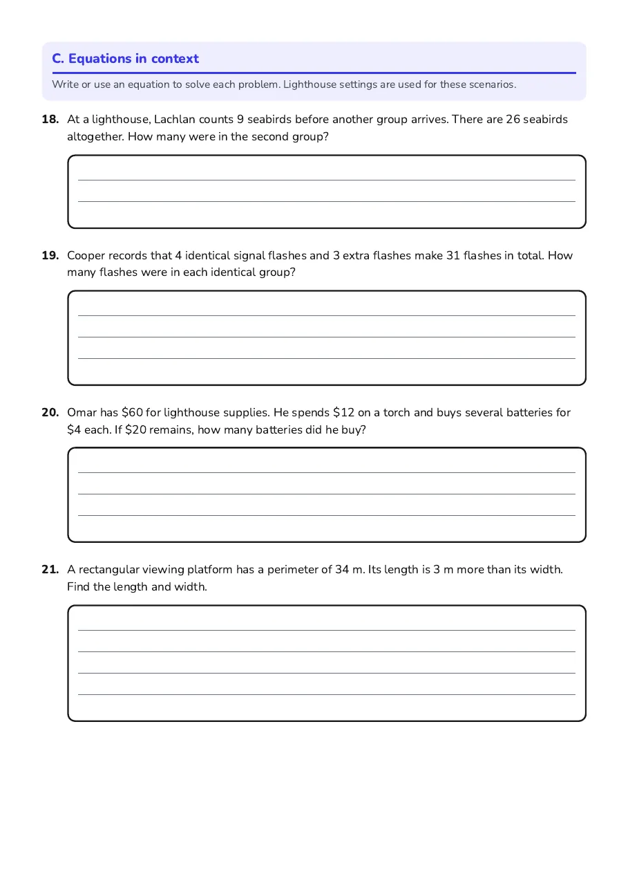 Equations and Inequalities Practice, page 4 of 5: C. Equations in context