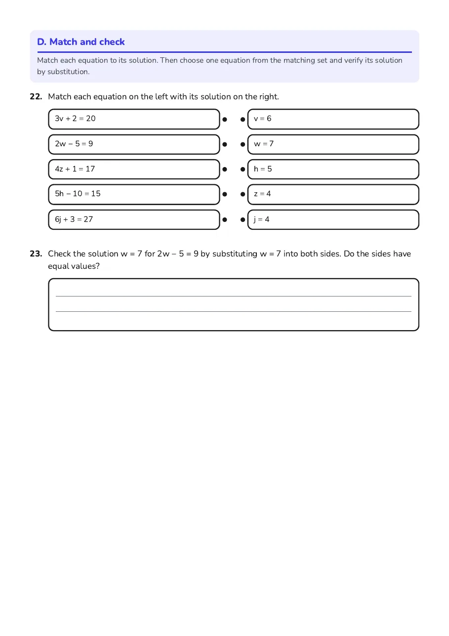 Equations and Inequalities Practice, page 5 of 5: D. Match and check
