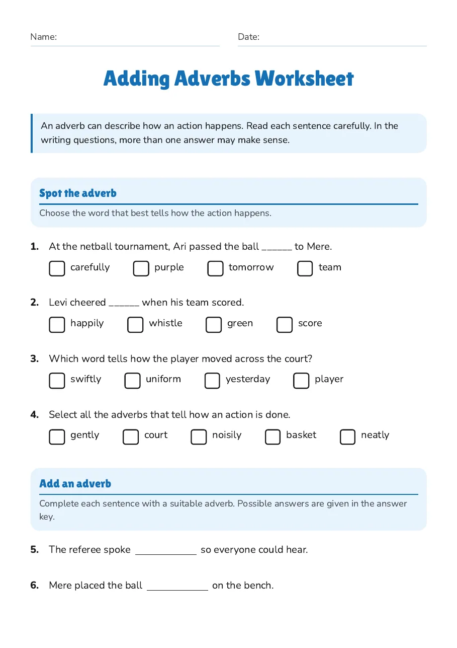 Adding Adverbs Worksheet, page 1 of 2: Spot the adverb, Add an adverb