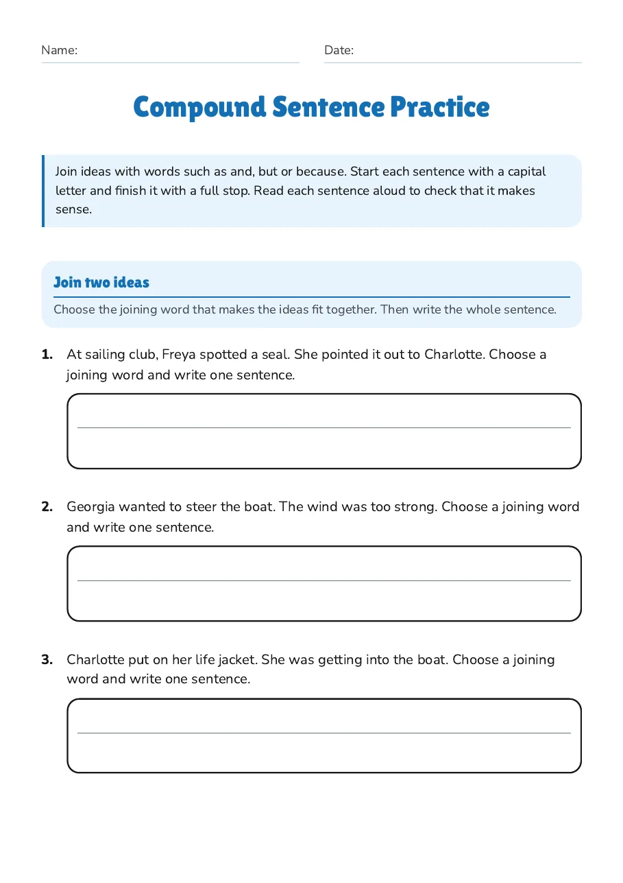 Compound Sentence Practice, page 1 of 2: Join two ideas