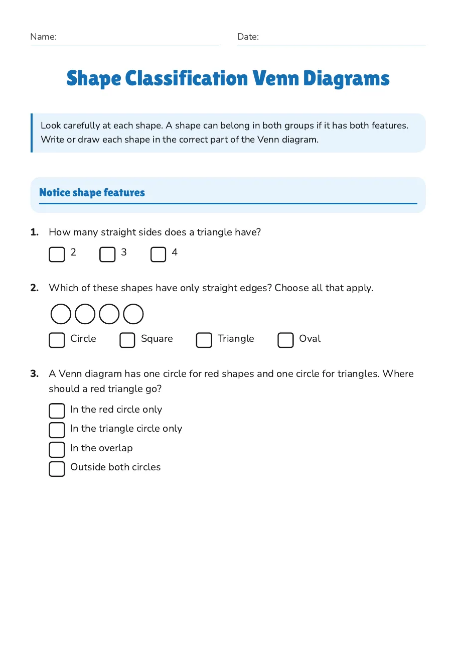 Shape Classification Venn Diagrams, page 1 of 2: Notice shape features