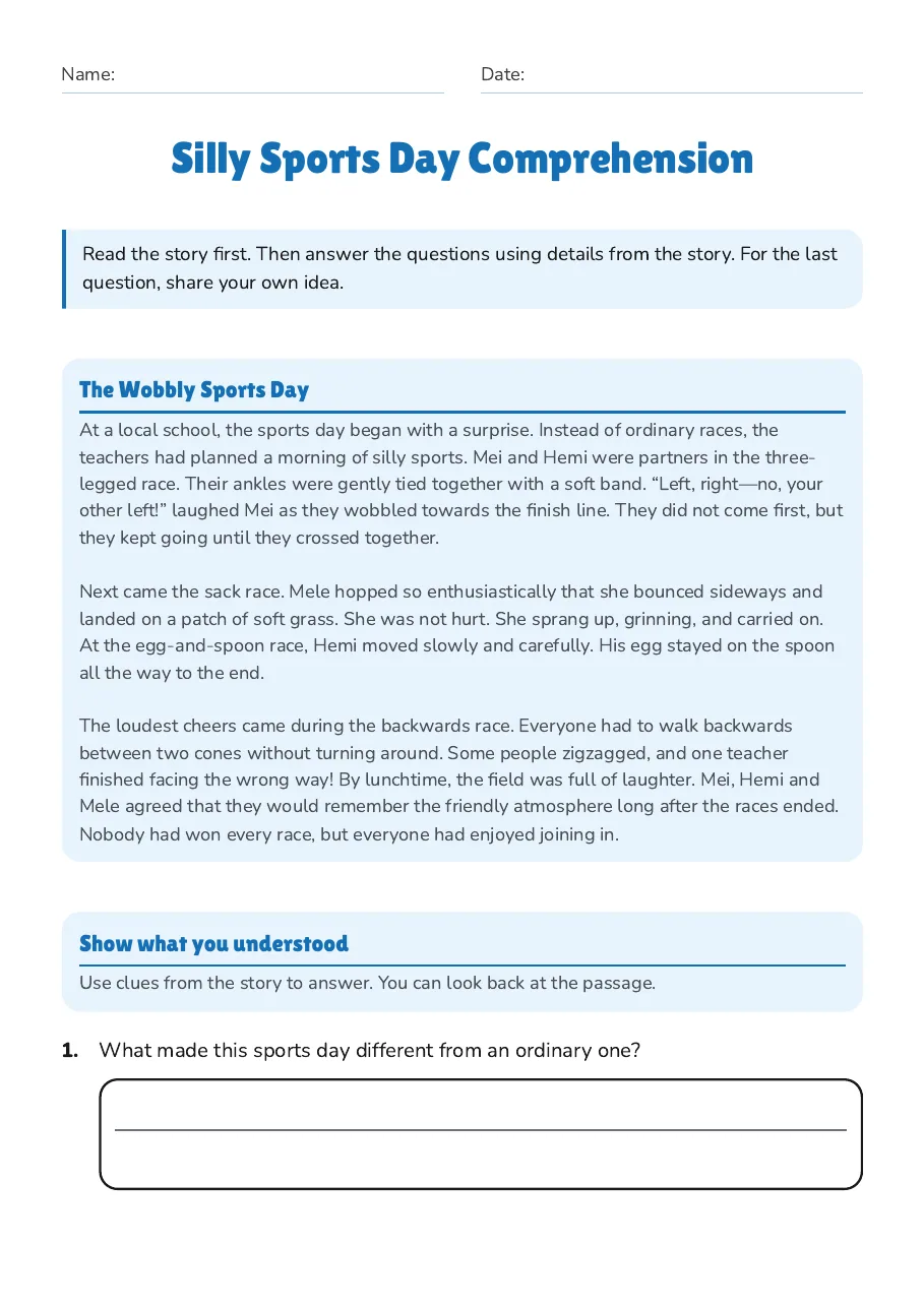 Silly Sports Day Comprehension, page 1 of 3: The Wobbly Sports Day, Show what you understood