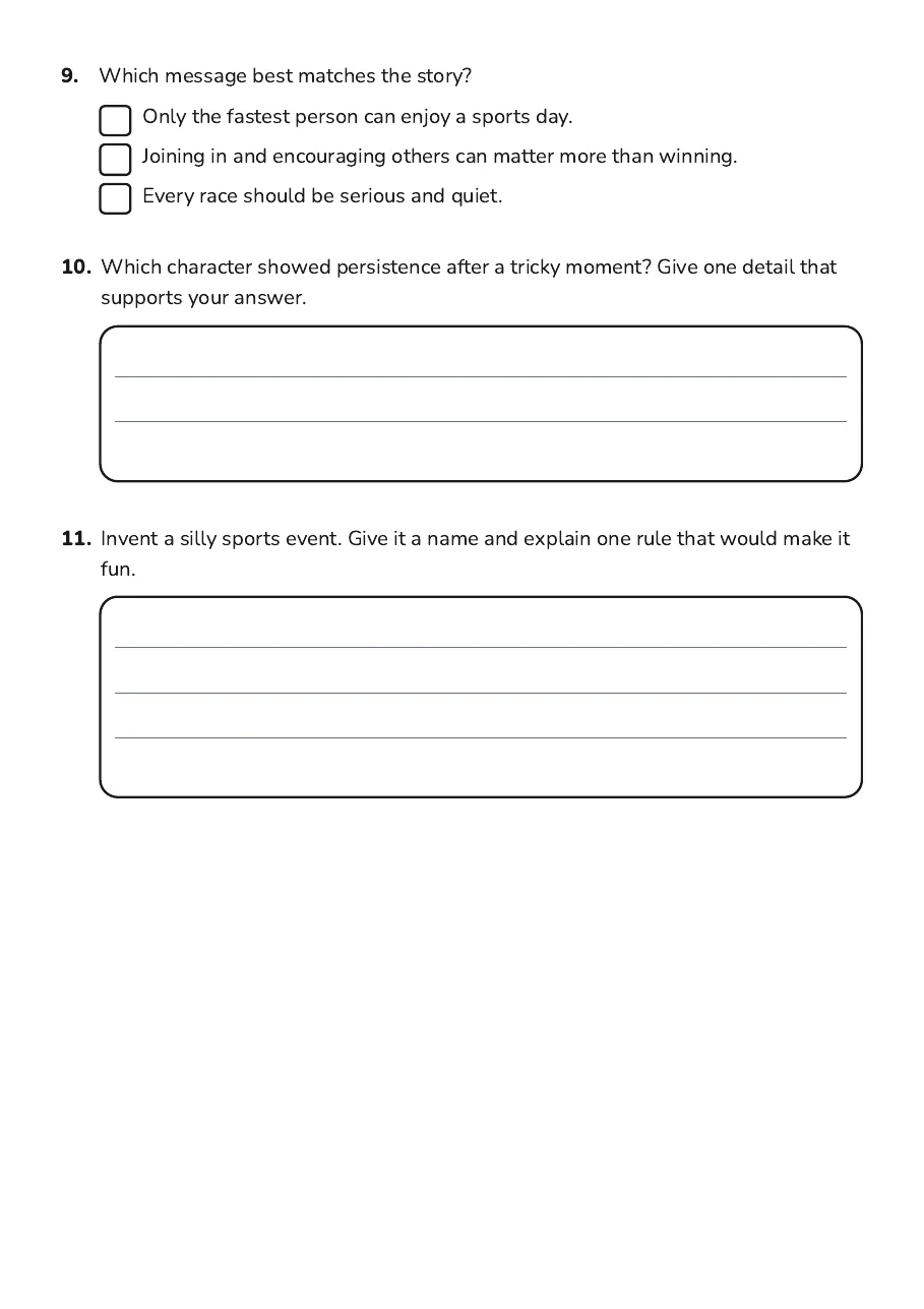Silly Sports Day Comprehension, page 3 of 3: 9. Which message best matches the story?