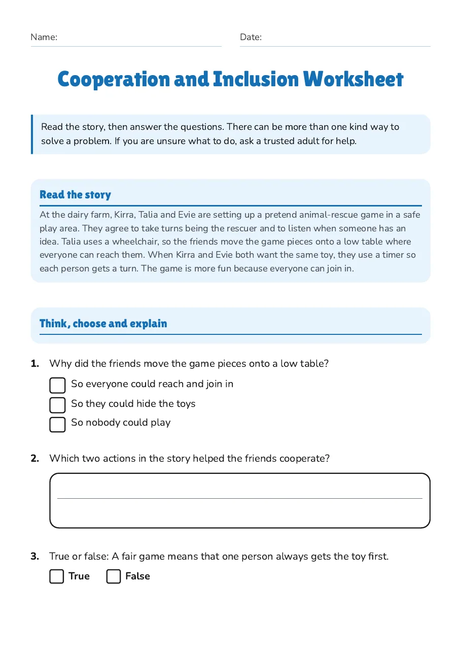 Cooperation and Inclusion Worksheet, page 1 of 3: Read the story, Think, choose and explain
