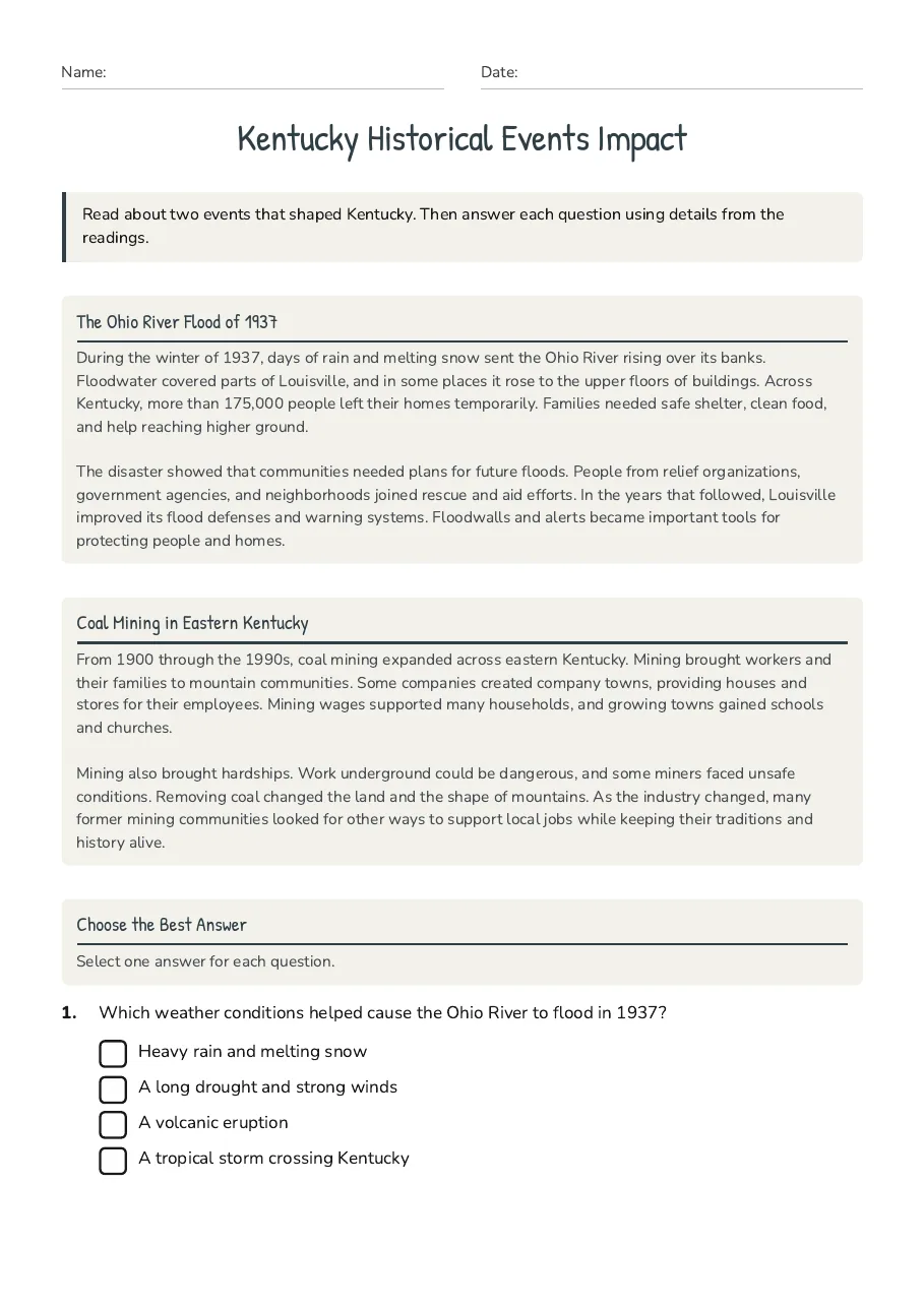 Kentucky Historical Events Impact, page 1 of 3: The Ohio River Flood of 1937, Coal Mining in Eastern Kentucky, Choose the Best Answer