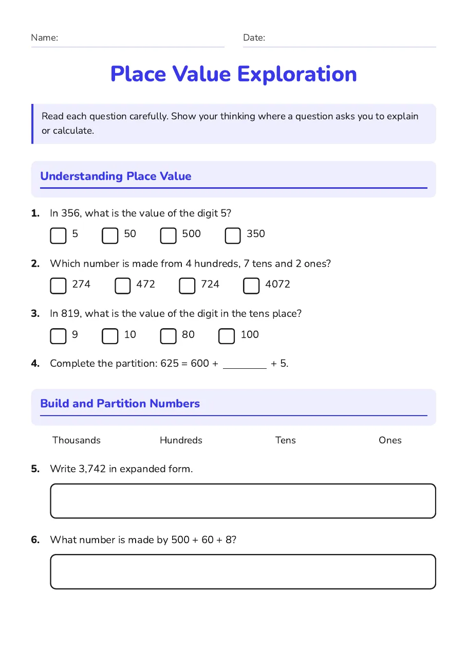 Place Value Exploration, page 1 of 2: Understanding Place Value, Build and Partition Numbers