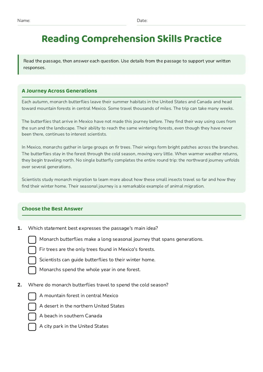Reading Comprehension Skills Practice, page 1 of 2: A Journey Across Generations, Choose the Best Answer