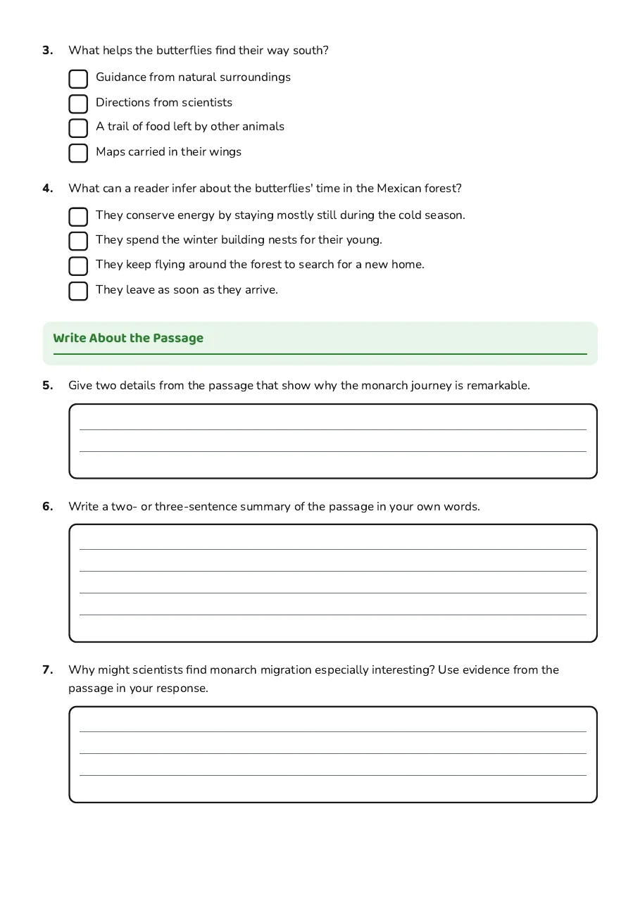 Reading Comprehension Skills Practice, page 2 of 2: Write About the Passage