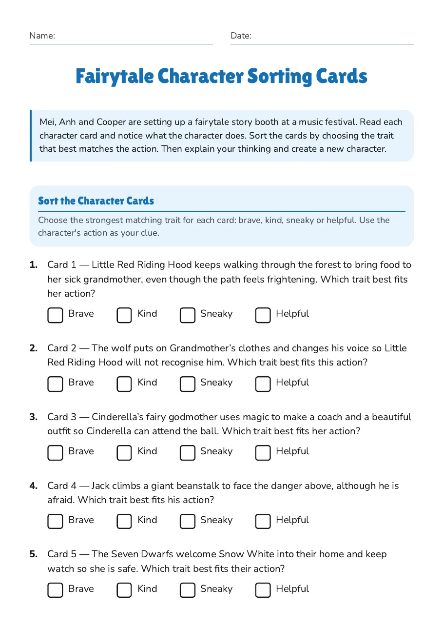 Fairytale Character Sorting Cards, page 1 of 2: Sort the Character Cards