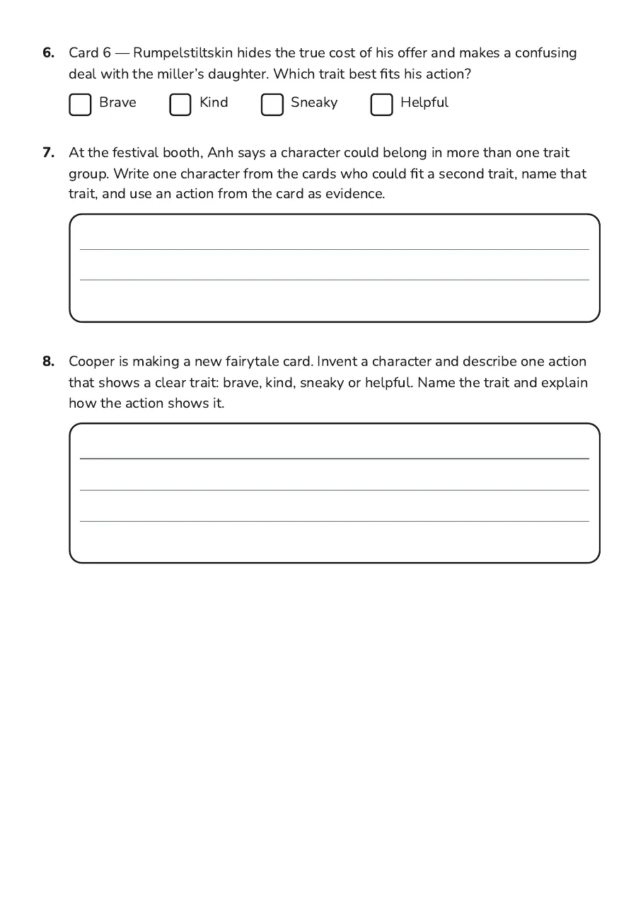 Fairytale Character Sorting Cards, page 2 of 2: 6. Card 6 — Rumpelstiltskin hides the true cost of his offer and makes a confusing