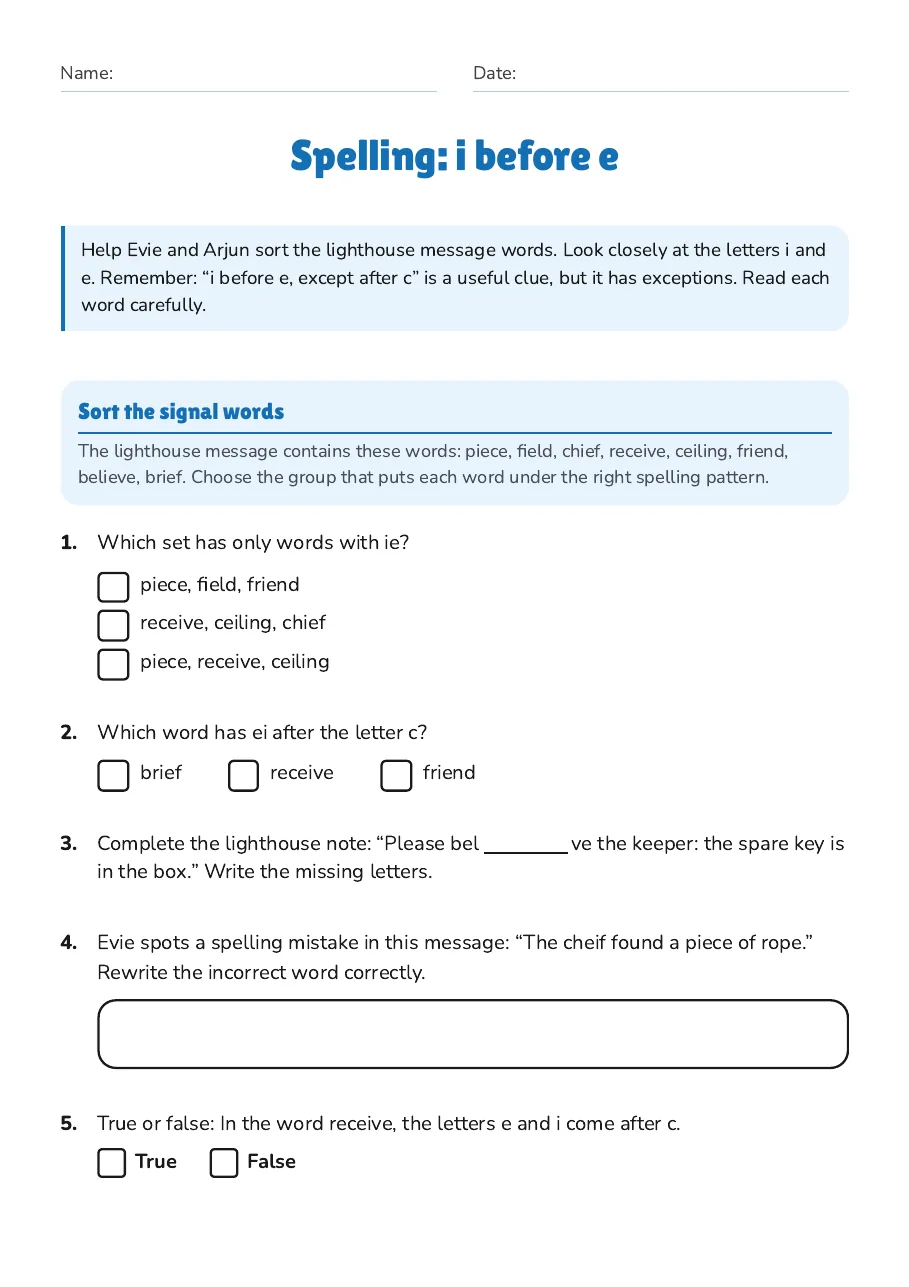 Spelling: i before e, page 1 of 2: Sort the signal words
