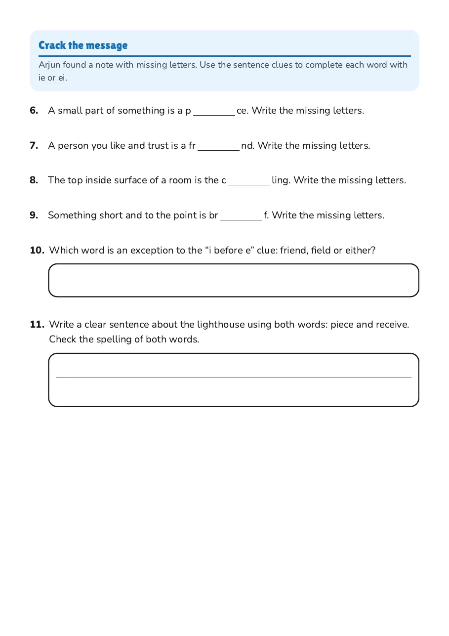 Spelling: i before e, page 2 of 2: Crack the message
