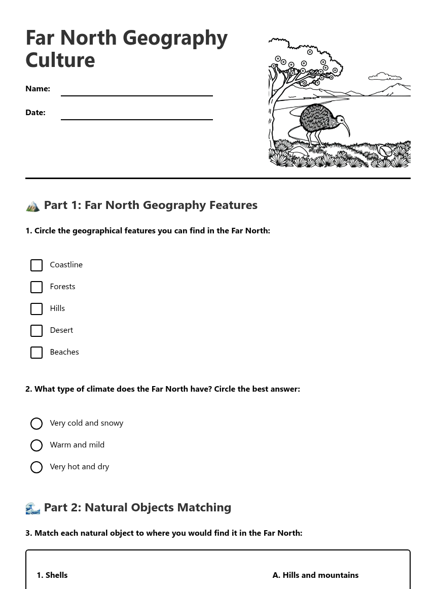 Far North Geography Culture — Free Printable Worksheet for NZ History ...