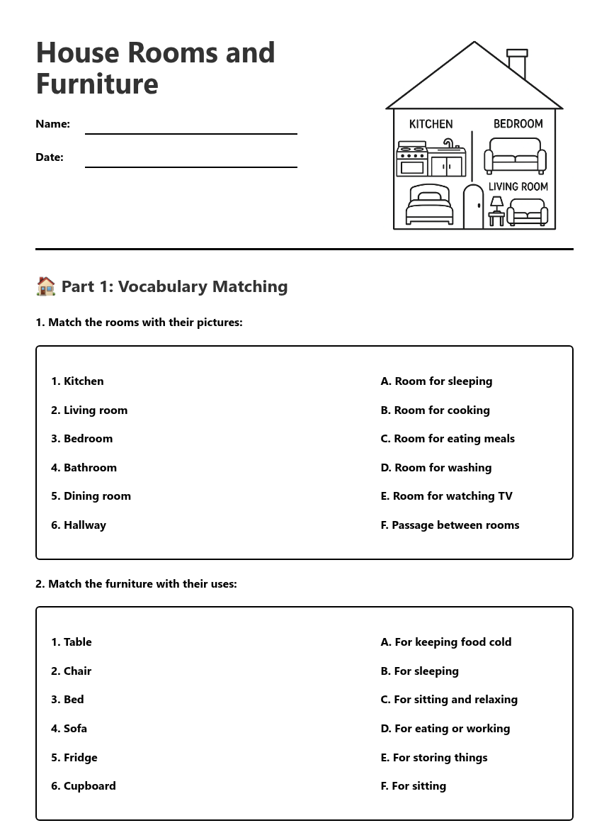 House Rooms and Furniture — Free Printable Worksheet for English | Kuraplan