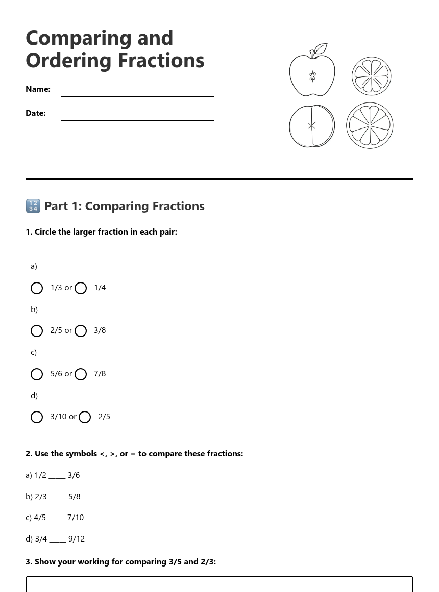 Comparing and Ordering Fractions — Free Printable Worksheet for Maths ...