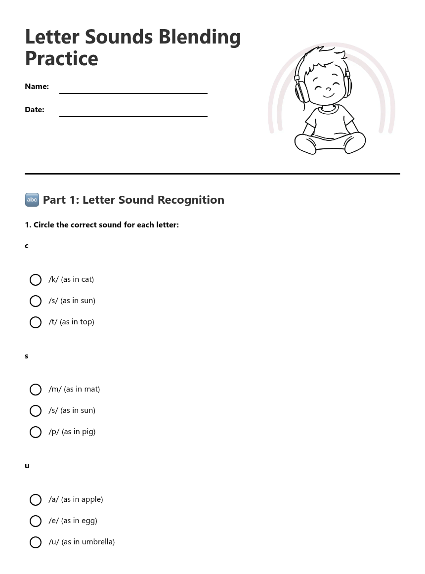 Letter Sounds Blending Practice — Free Printable Worksheet | Kuraplan