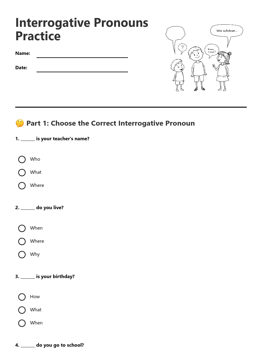 Interrogative Pronouns Practice — Free Printable Worksheet for English ...