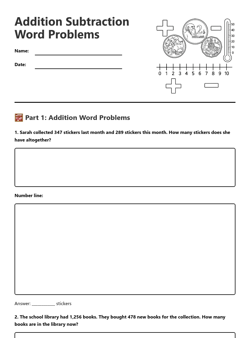 Addition Subtraction Word Problems — Free Printable Worksheet | Kuraplan