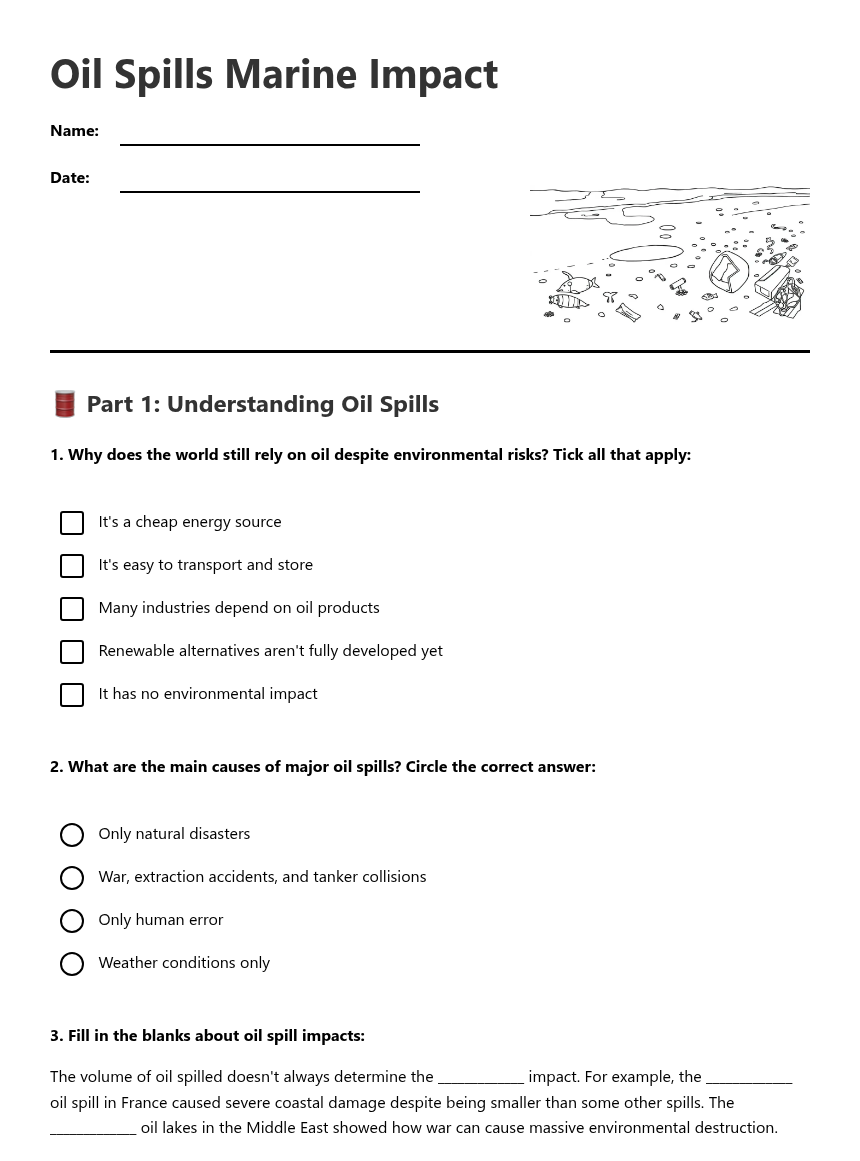 Oil Spills Marine Impact — Free Printable Worksheet for Other | Kuraplan
