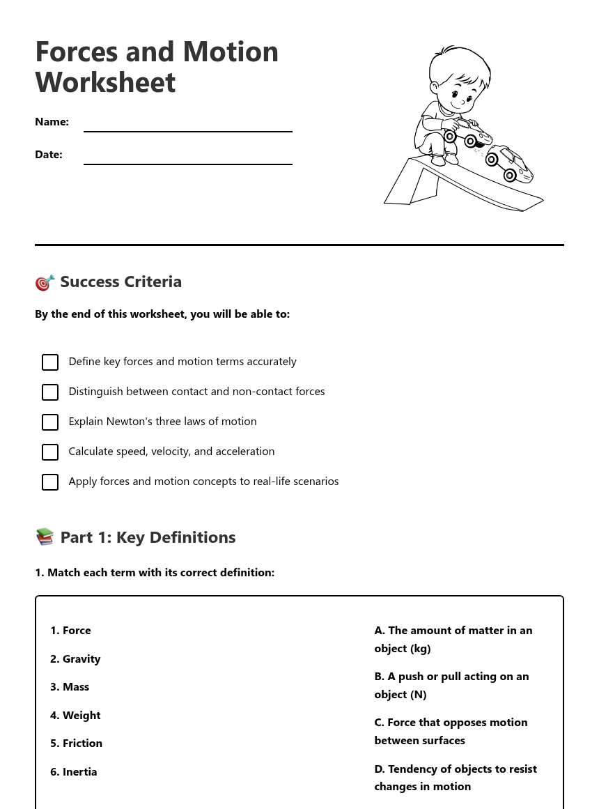 Forces and Motion Worksheet — Free Printable Worksheet for Science ...