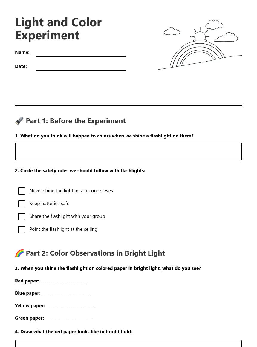 Light and Color Experiment — Free Printable Worksheet for Science