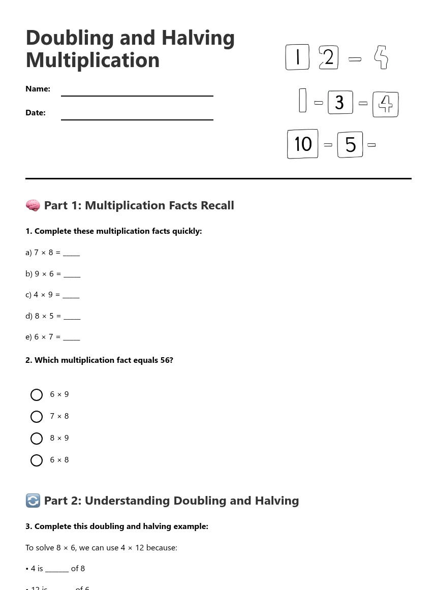 Doubling and Halving Multiplication — Free Printable Worksheet for ...