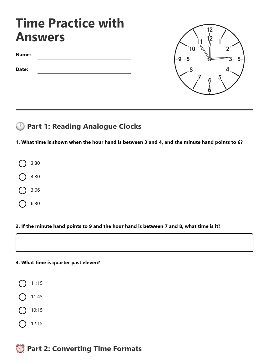 Time Practice with Answers — Free Printable Worksheet for Maths | Kuraplan