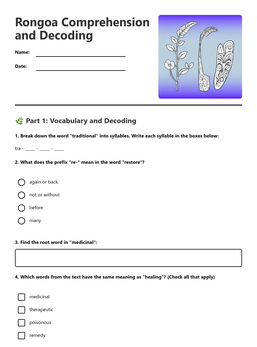 Rongoa Comprehension and Decoding — Free Printable Worksheet for ...