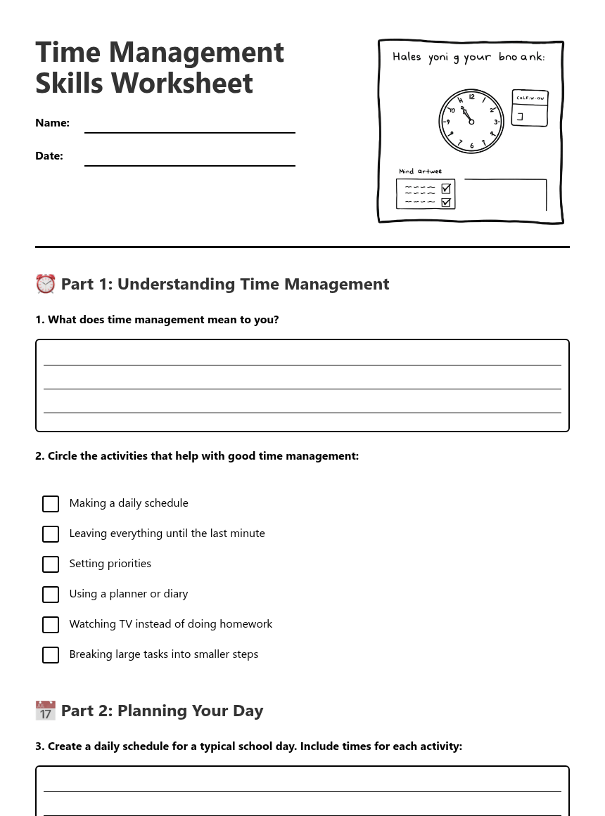 Time Management Skills Worksheet — Free Printable Worksheet for Health ...