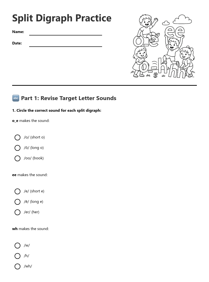 Split Digraph Practice — Free Printable Worksheet for English | Kuraplan