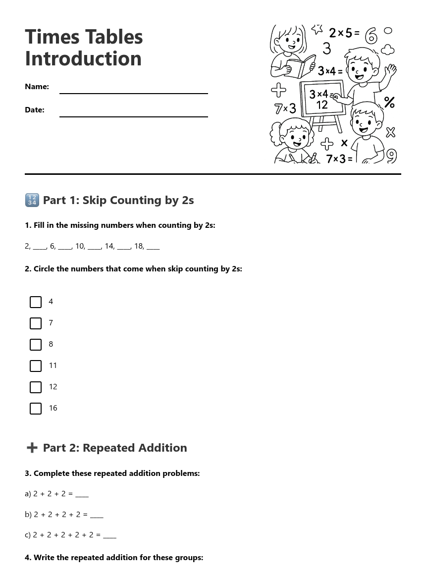 Times Tables Introduction — Free Printable Worksheet for Maths | Kuraplan