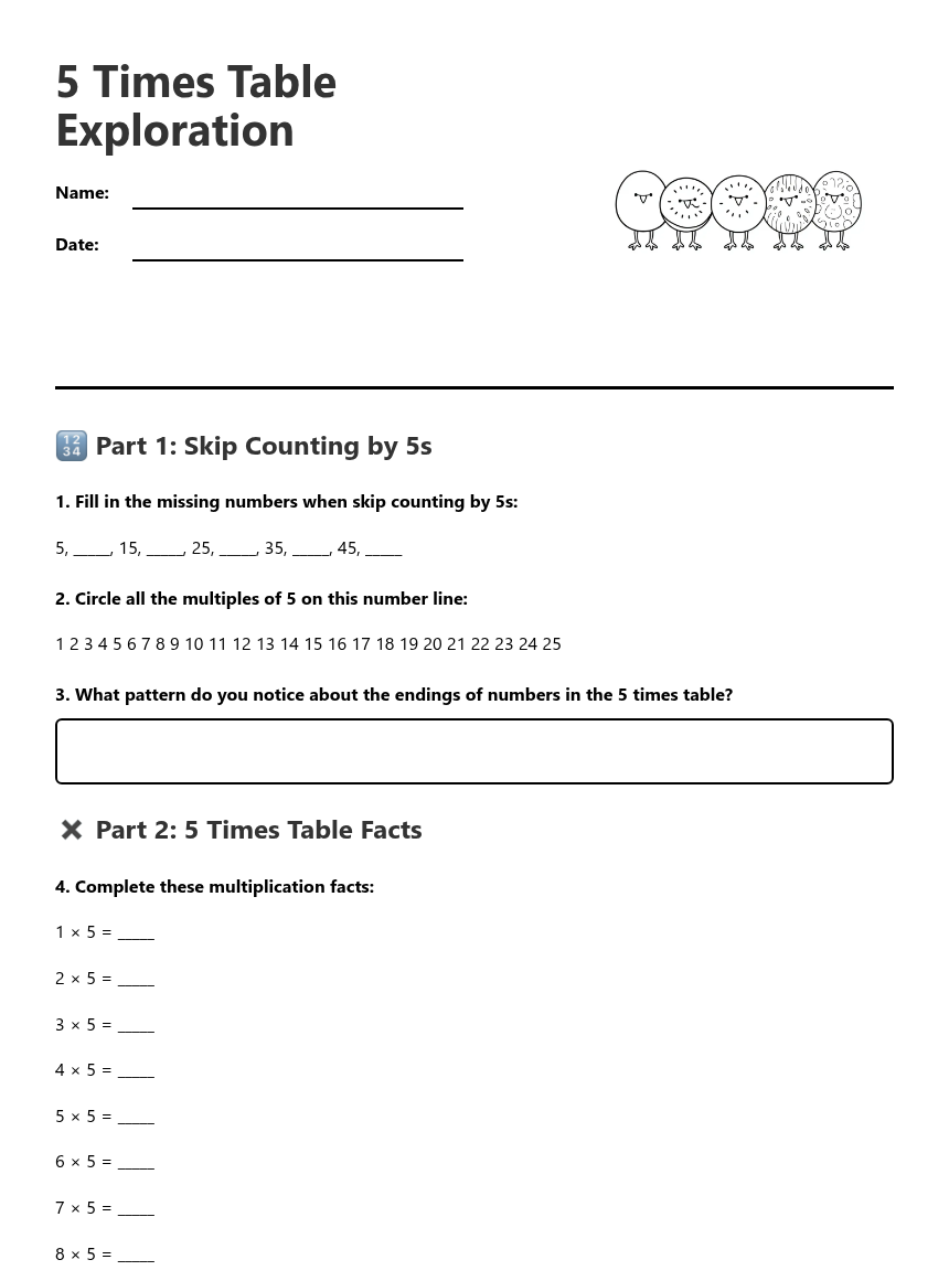 5 Times Table Exploration — Free Printable Worksheet for Maths | Kuraplan