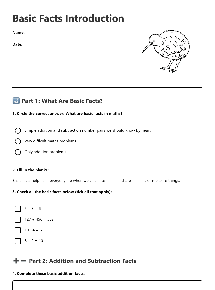 Basic Info Activity Basic Facts Introduction — Free Printable Worksheet for Maths | Kuraplan