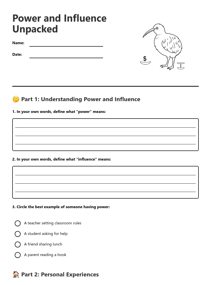 Power and Influence Unpacked — Free Printable Worksheet for Social ...