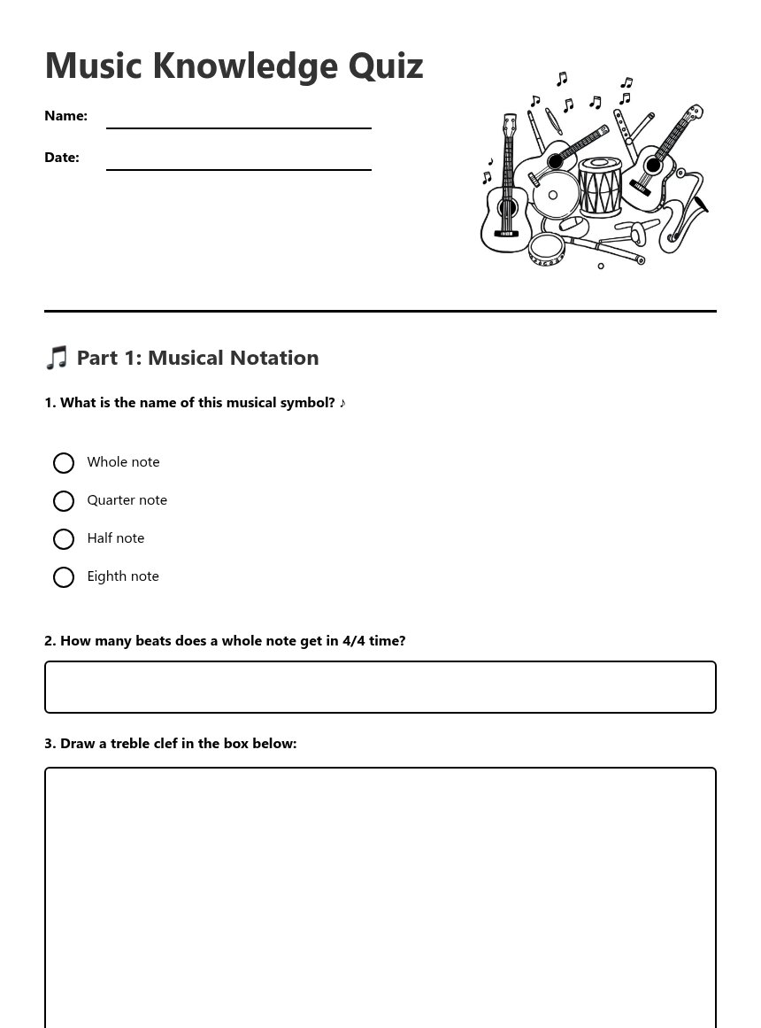Music Knowledge Quiz — Free Printable Worksheet for Music | Kuraplan