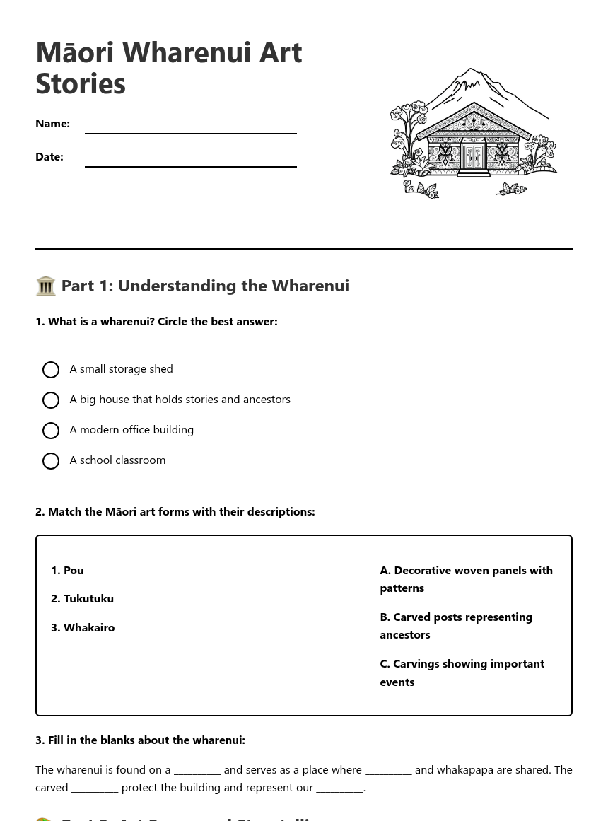 Māori Wharenui Art Stories — Free Printable Worksheet for Art | Kuraplan
