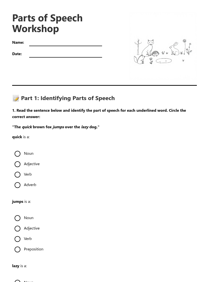 Parts of Speech Workshop — Free Printable Worksheet for English | Kuraplan