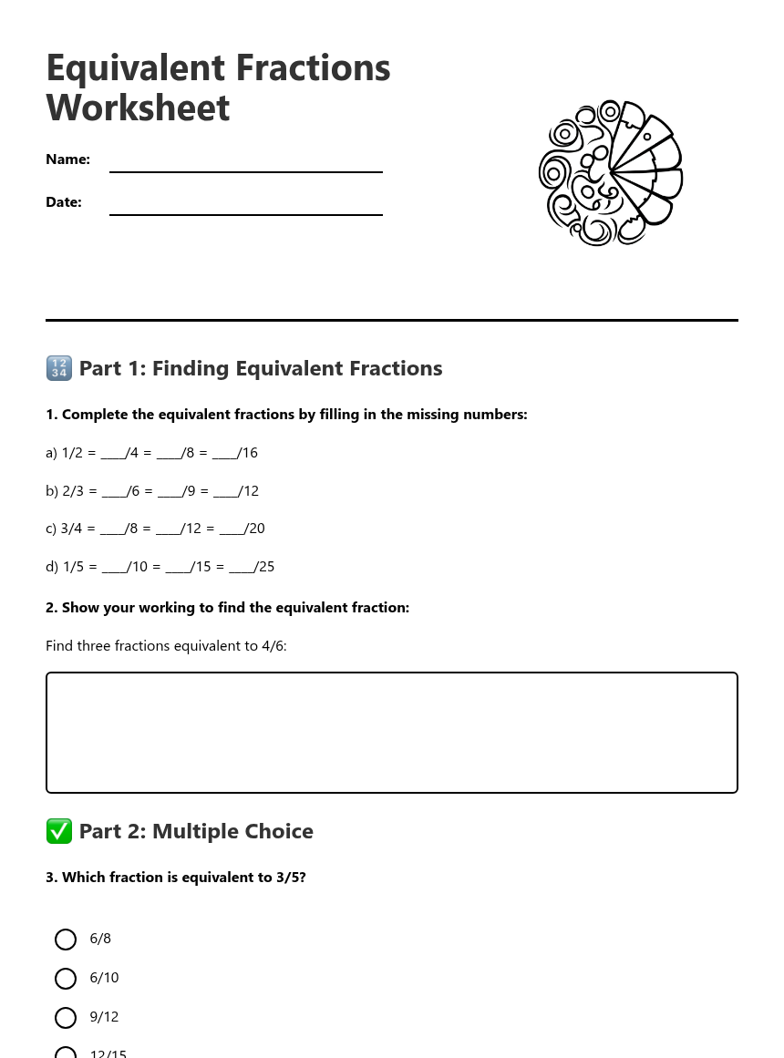 Equivalent Fractions Worksheet — Free Printable Worksheet for Maths ...