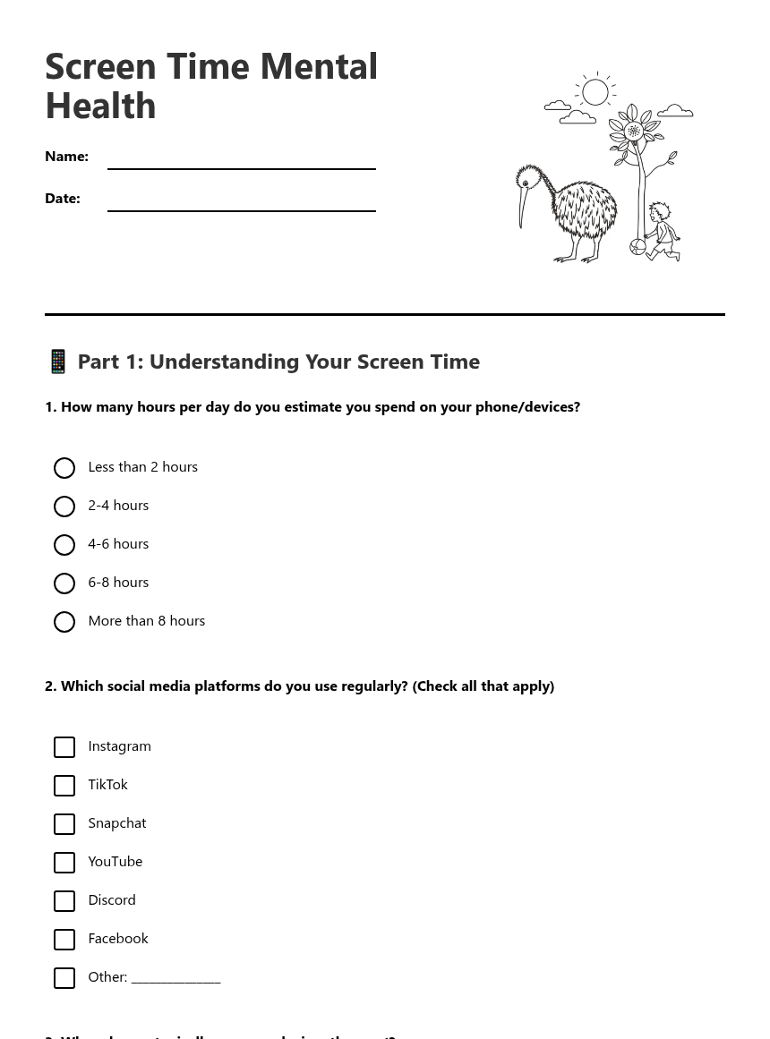 Screen Time Mental Health — Free Printable Worksheet | Kuraplan