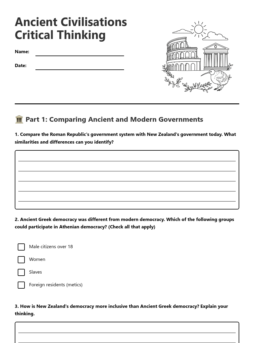 Civilization Checklist Worksheet Ancient Civilizations Critical Thinking — Free Printable Worksheet for ...