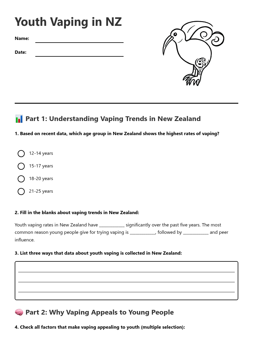 Youth Vaping in NZ — Free Printable Worksheet for Health | Kuraplan