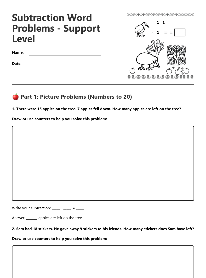Subtraction Word Problems — Free Printable Worksheet for Maths | Kuraplan
