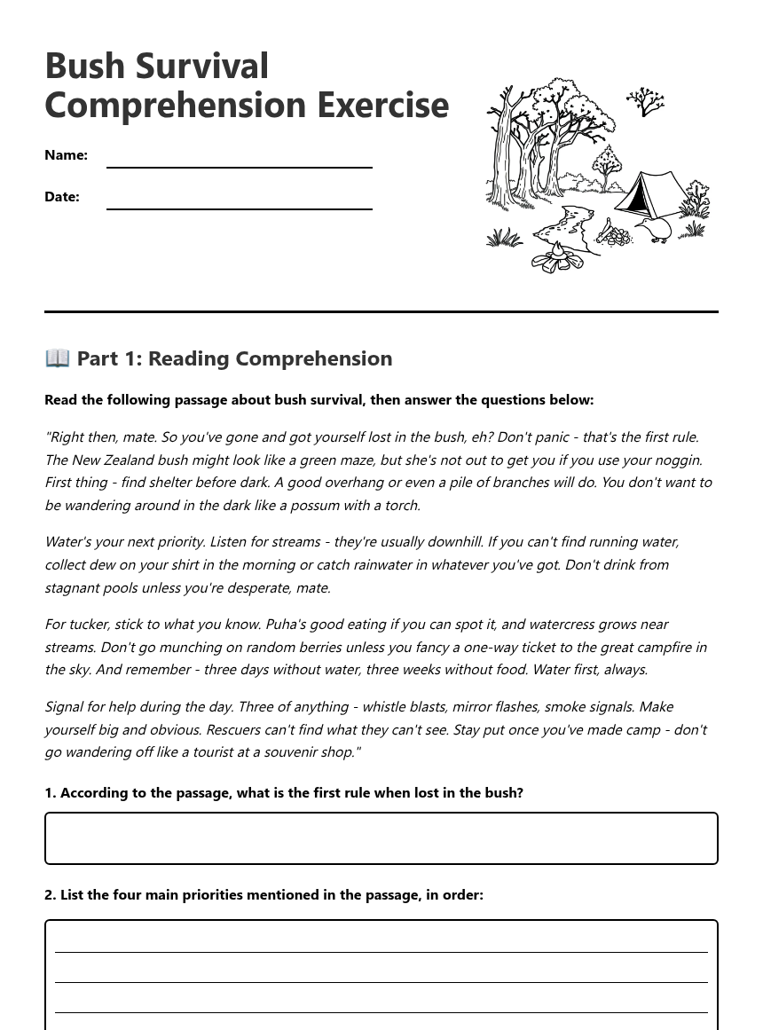 Bush Survival Comprehension Exercise — Free Printable Worksheet for ...